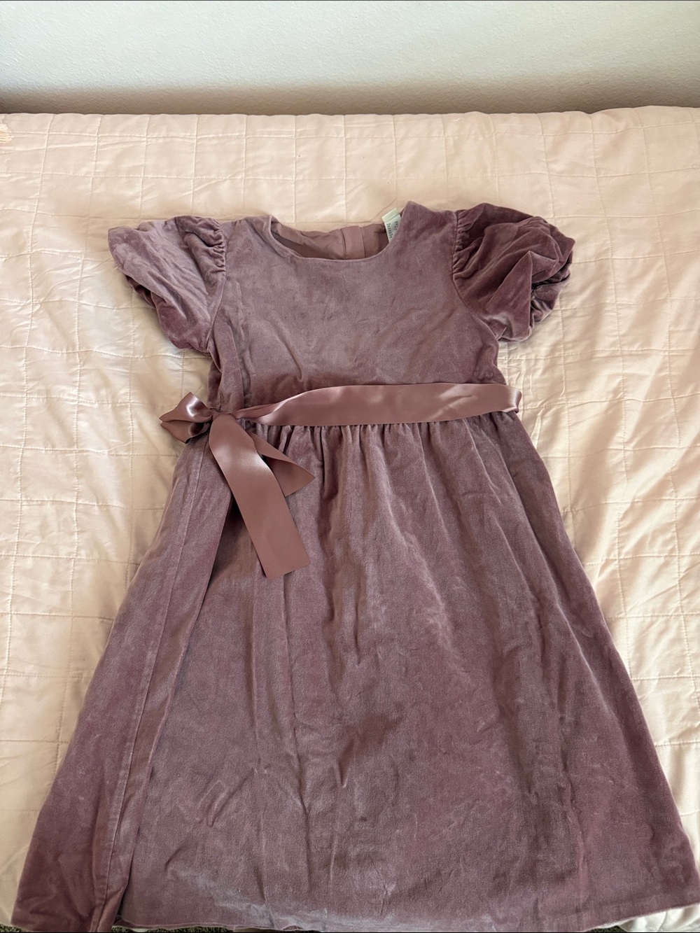 H&M Girls Mauve Velvet Dress with Satin Waist Tie
